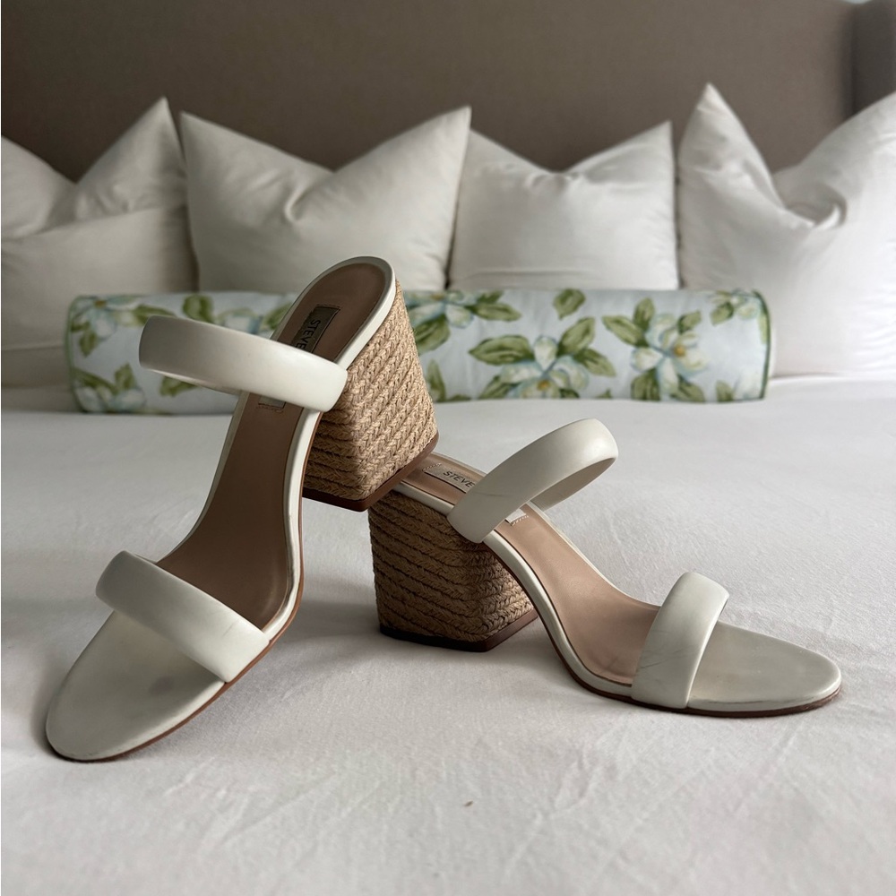 Steve Madden White and Espadrille Block Heel Sandals